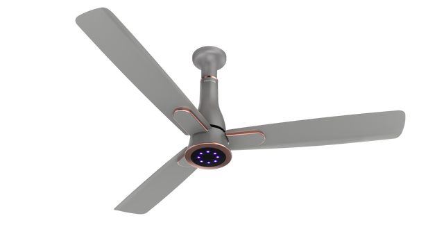 The Titanium Grey BLDC Ceiling fan with underlight LED Lights in the black background 