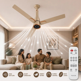 A beige ceiling fan with a smart control hub and remote control, shown installed in a modern living room with a family sitting on a sofa below. White graphic lines illustrate airflow patterns, and a bottom banner lists features like wide air flow, silent operation, and energy saving.
