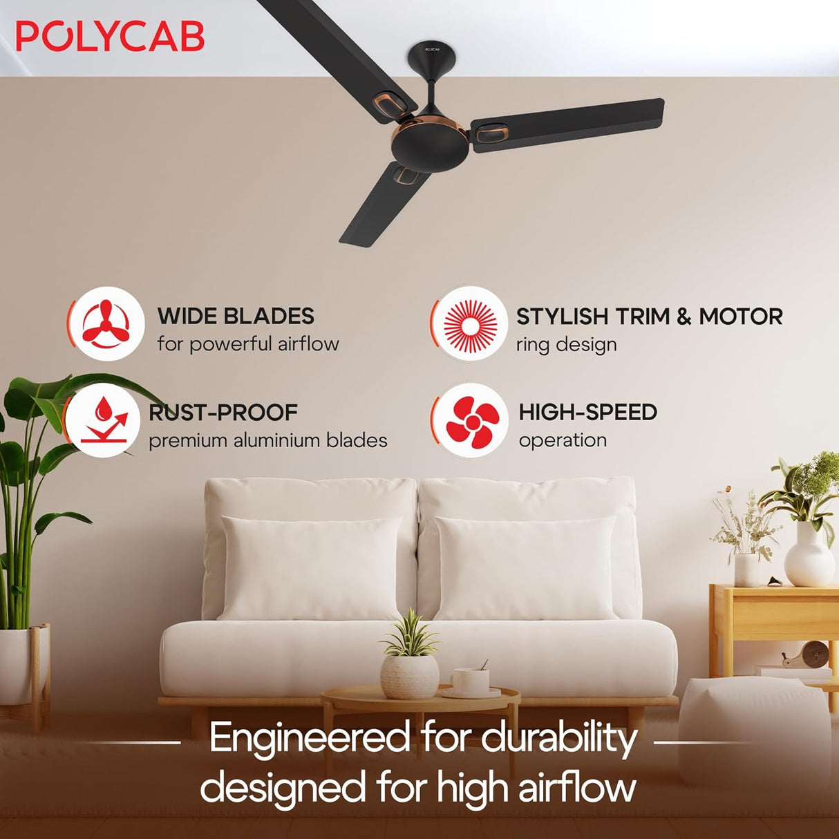 Ceiling fan in a living room with POLYCAB branding and product features listed.