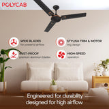 Ceiling fan in a living room with POLYCAB branding and product features listed.