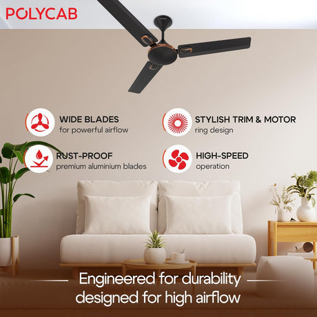 Ceiling fan in a living room with POLYCAB branding and product features listed.