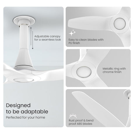 Ceiling fan with features highlighted on a white background