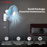 Wall-mounted fan with POLYcab branding in a bedroom setting, highlighting features.