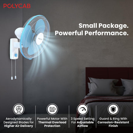 Wall-mounted fan with POLYcab branding in a bedroom setting, highlighting features.