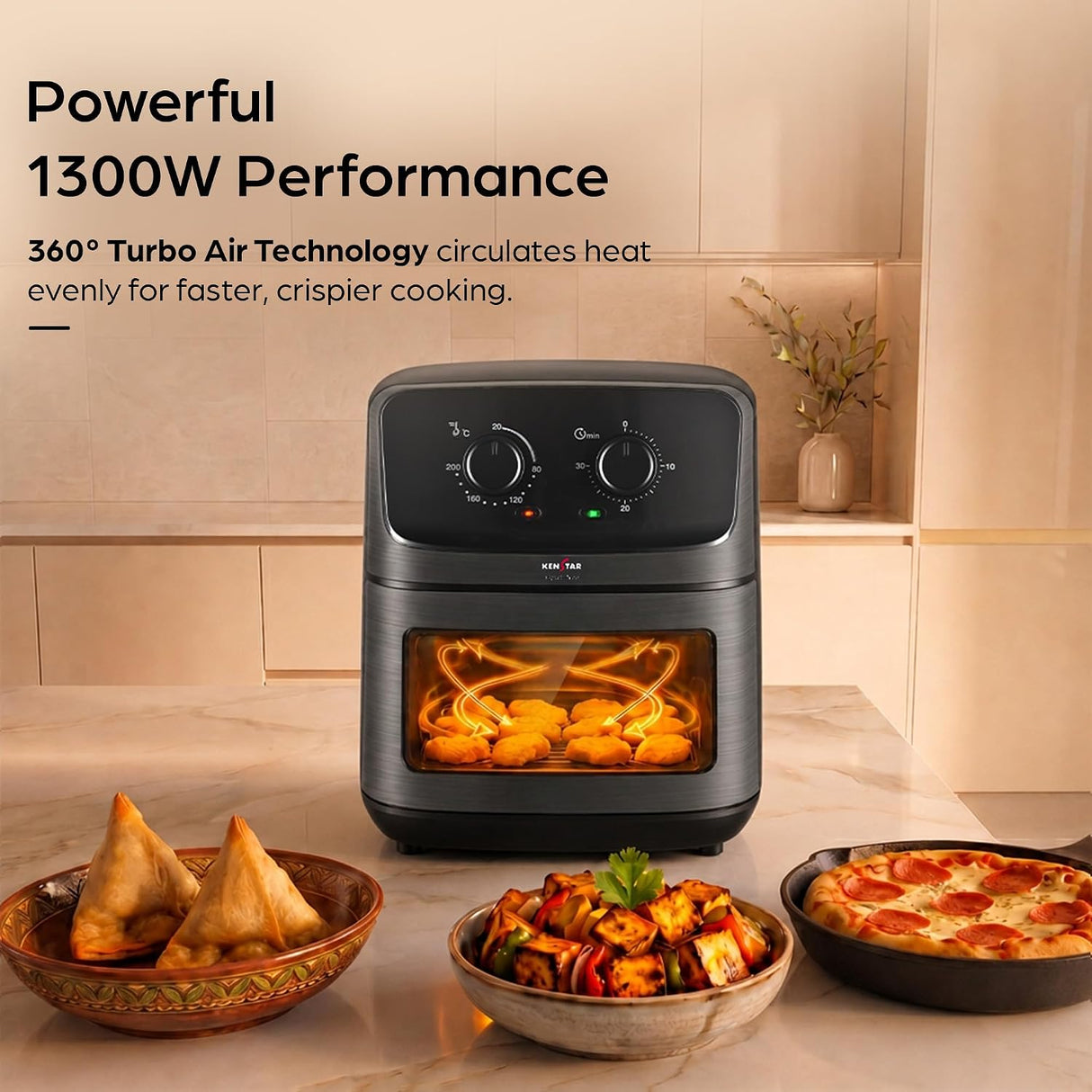 A countertop air fryer with a black control panel and glass window showing cooked chicken inside, set on a marble-like surface in a kitchen scene. Text on the left reads 'Powerful 1300W Performance' and '360° Turbo Air Technology circulates heat evenly for faster, crispier cooking.