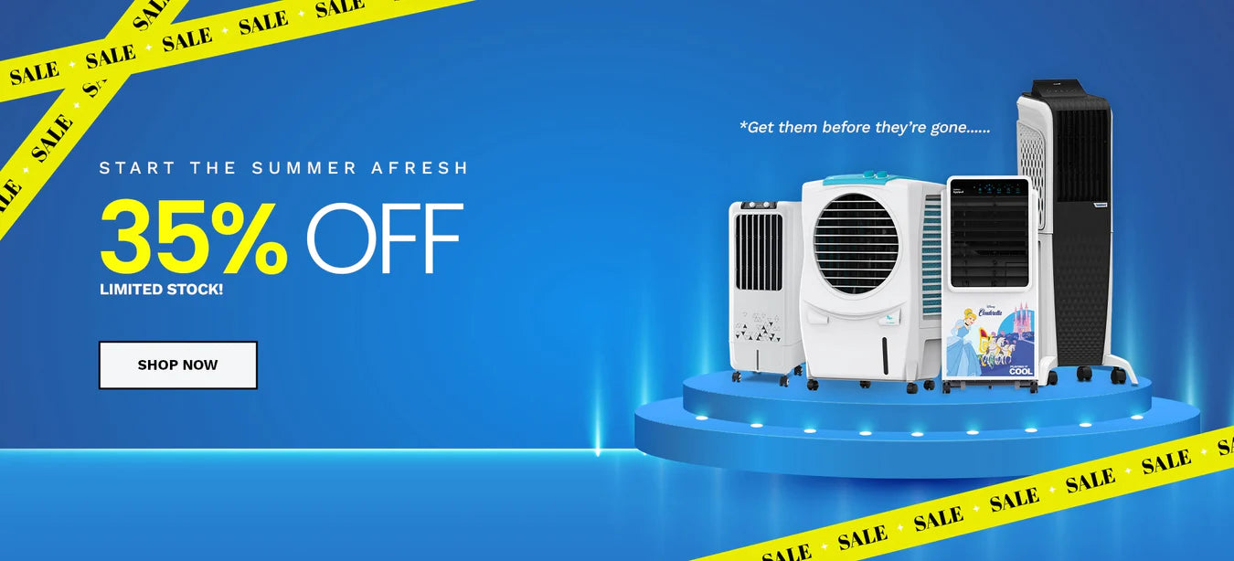 Promotional banner for air conditioning units with sale text and limited stock message on a blue background.