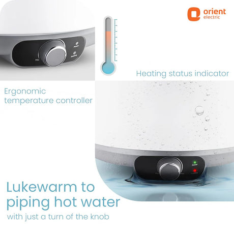 Orient Electric water heater with temperature controller and heating status indicator on a white background