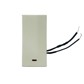 Rectangular white switch with an indicator button on a reflective surface