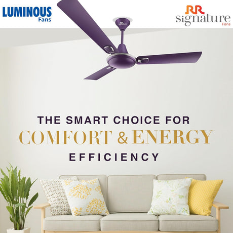 Purple ceiling fan in a living room with 'Luminous Fans' and 'RR Signature Fans' branding.