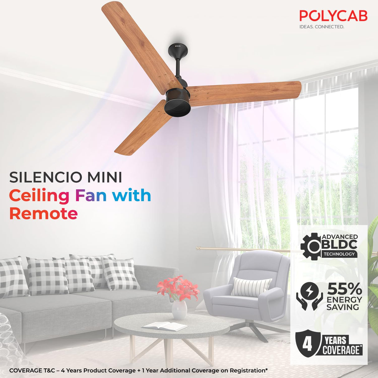 Polycab Silencio Mini 900mm Remote Ceiling fan (Natural Wood)