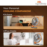 Portable fan advertisement with text 'Your Personal Cooling Companion!' and 'RR Signature' branding.