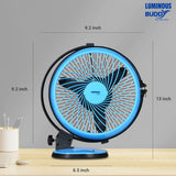 Blue table fan with dimensions on a gray background, featuring the Luminous Buddy brand.