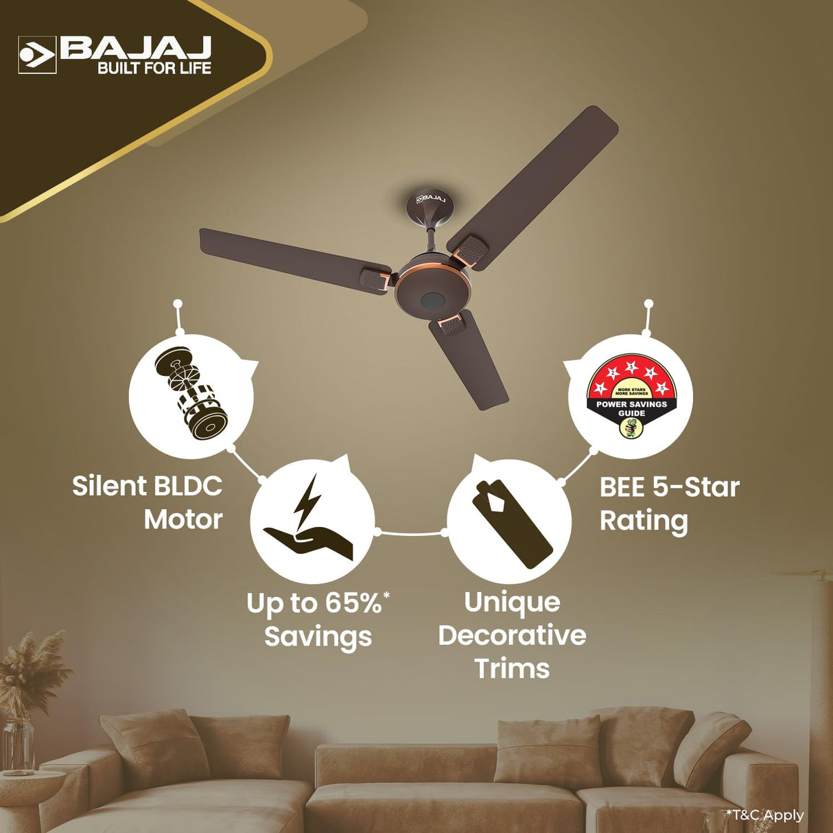 Bajaj Ethora Plus 1200mm High Speed BLDC Ceiling Fan with Remote 【Red Walnut Copper】