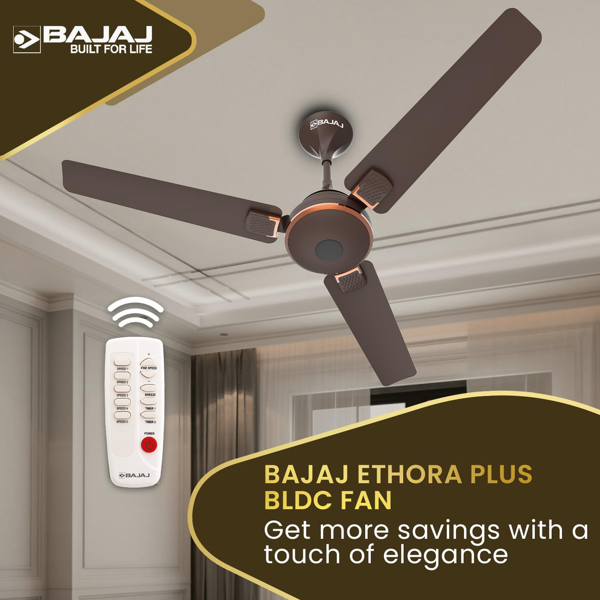 Bajaj Ethora Plus 1200mm High Speed BLDC Ceiling Fan with Remote 【Red Walnut Copper】