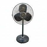 Black standing fan on a tiled floor with a white wall background
