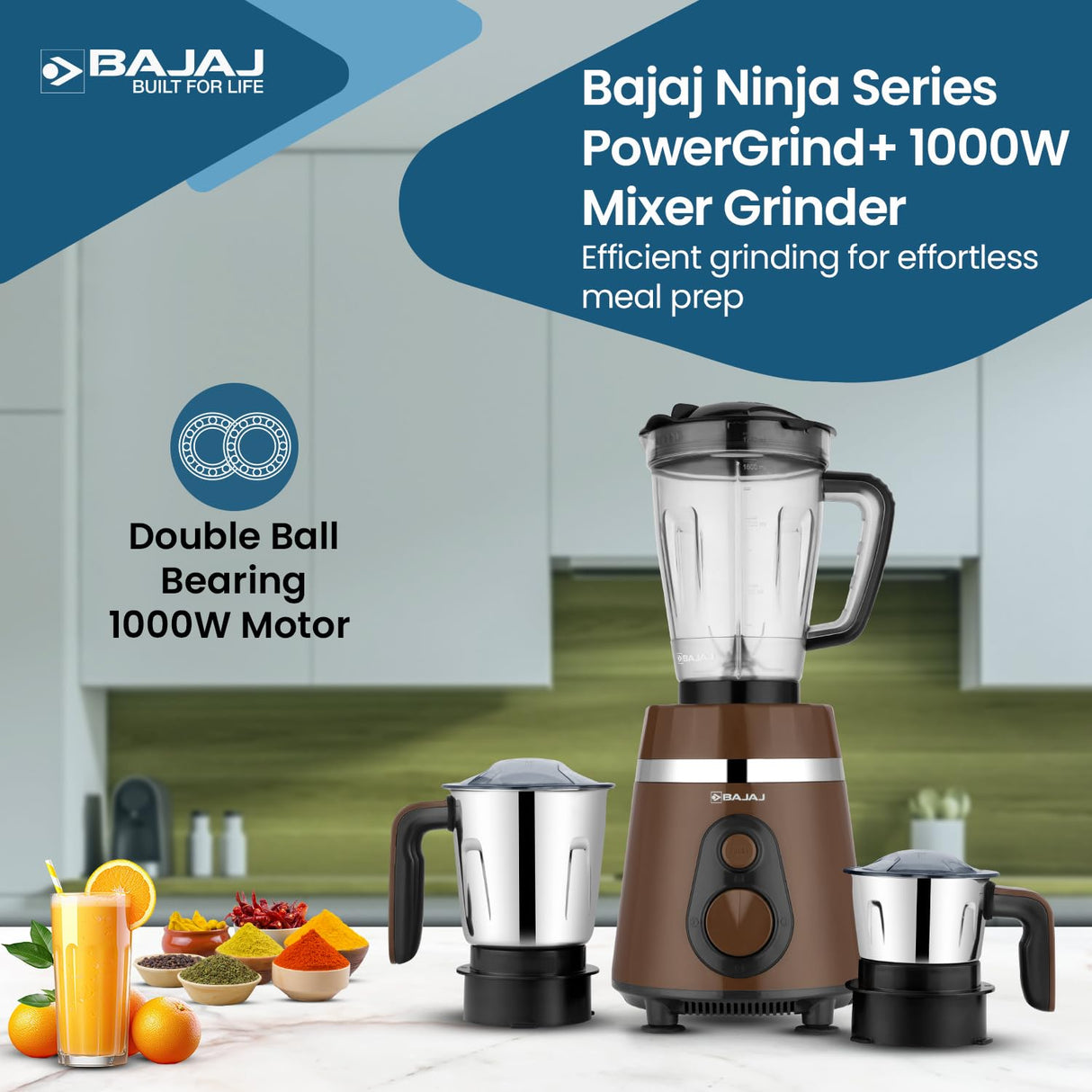 Bajaj Ninja Series Powergrind+ 3 Jars | Powerful 1000W Titan Motor | Mixer Grinder Belgian Chocolate | Black/Chrome