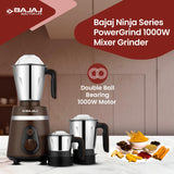 Bajaj Ninja Series Powergrind 3 Jars | Powerful 1000W Titan Motor | Mixer Grinder | Belgian Chocolate