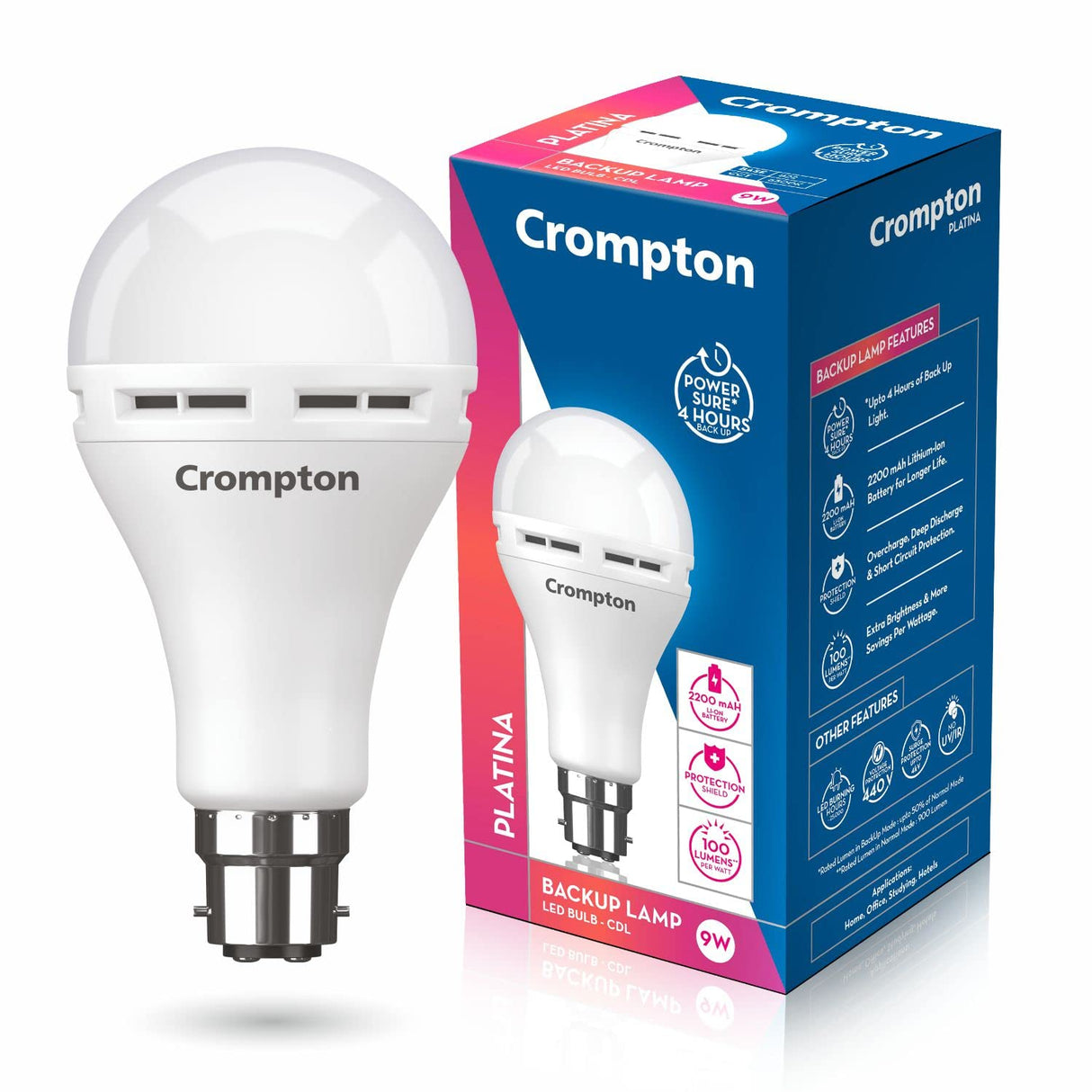 Crompton 9 Watt Emergency LED Bulb B22 Base Upto 4 Hour Battery Back Up Cool Day Light (Pack of 1)