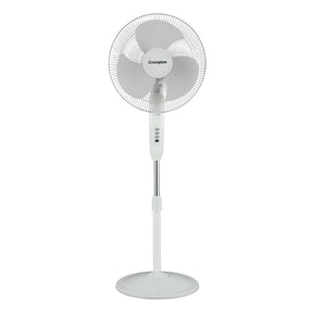 A white Crompton Gale Classic 400mm pedestal fan with a round base and three blades.