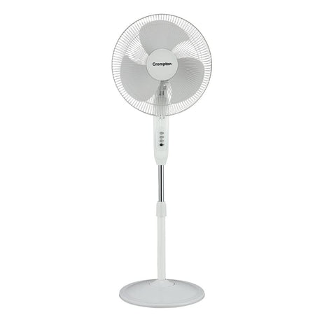 A white Crompton Gale Classic 400mm pedestal fan with a round base and three blades.