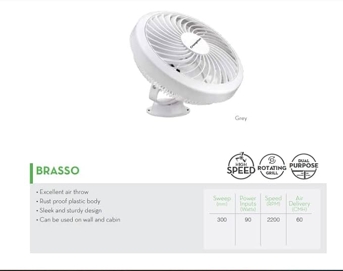 White fan with BRASSO branding and product features on a white background