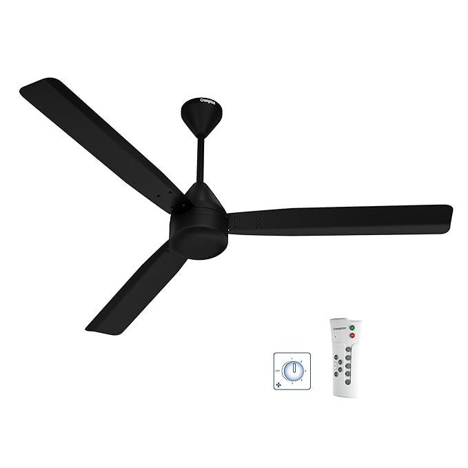 Black ceiling fan with remote control on a white background