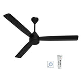Black ceiling fan with remote control on a white background
