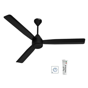 Black ceiling fan with remote control on a white background
