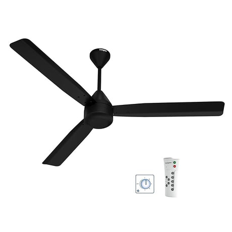 Black ceiling fan with remote control on a white background