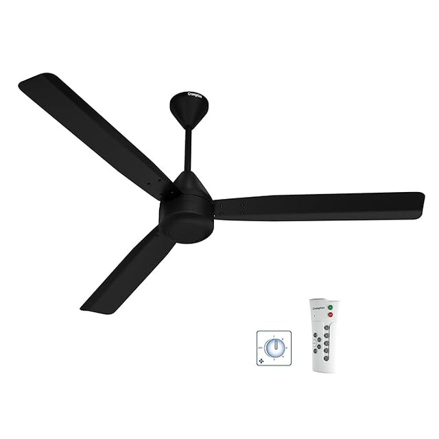 Black ceiling fan with remote control on a white background