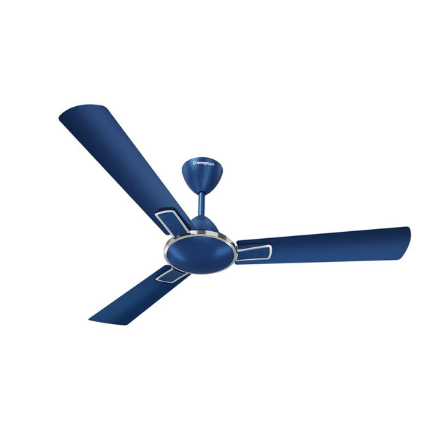 The crompton designer  ceiling fan with knight blue colour in white background 
