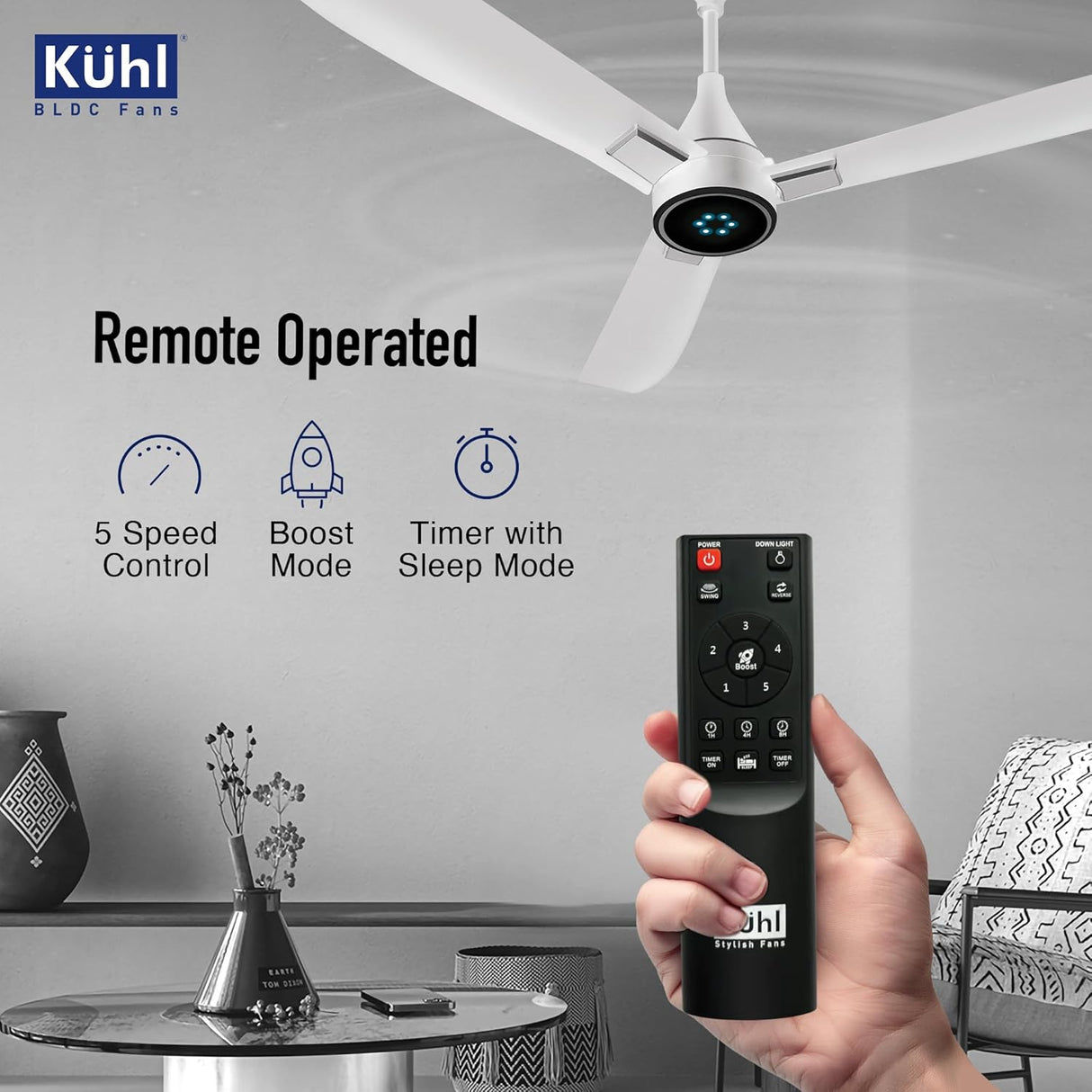 Kähl ceiling fan with remote control in a room setting