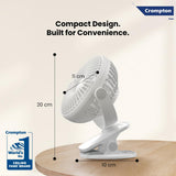 Crompton clip fan with dimensions on a light background