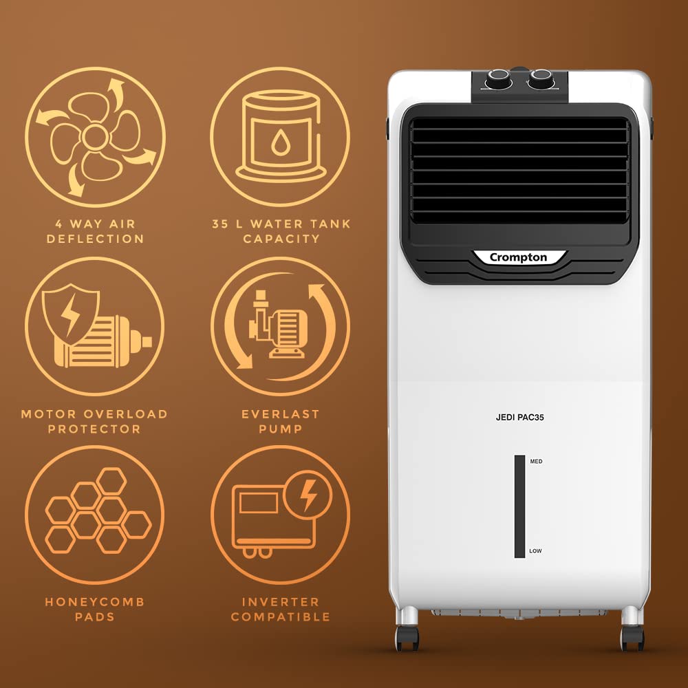 Cooler has some features like 4 way air deflection , 35L water Tank Capacity , Motor Overload protectot , everlast pumpp , honwycomb pads and inverter compatiable 