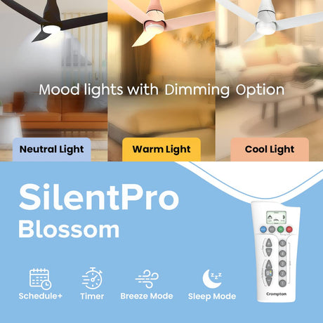 Advertisement for SilentPro Blossom ceiling fan with mood lights and dimming options.