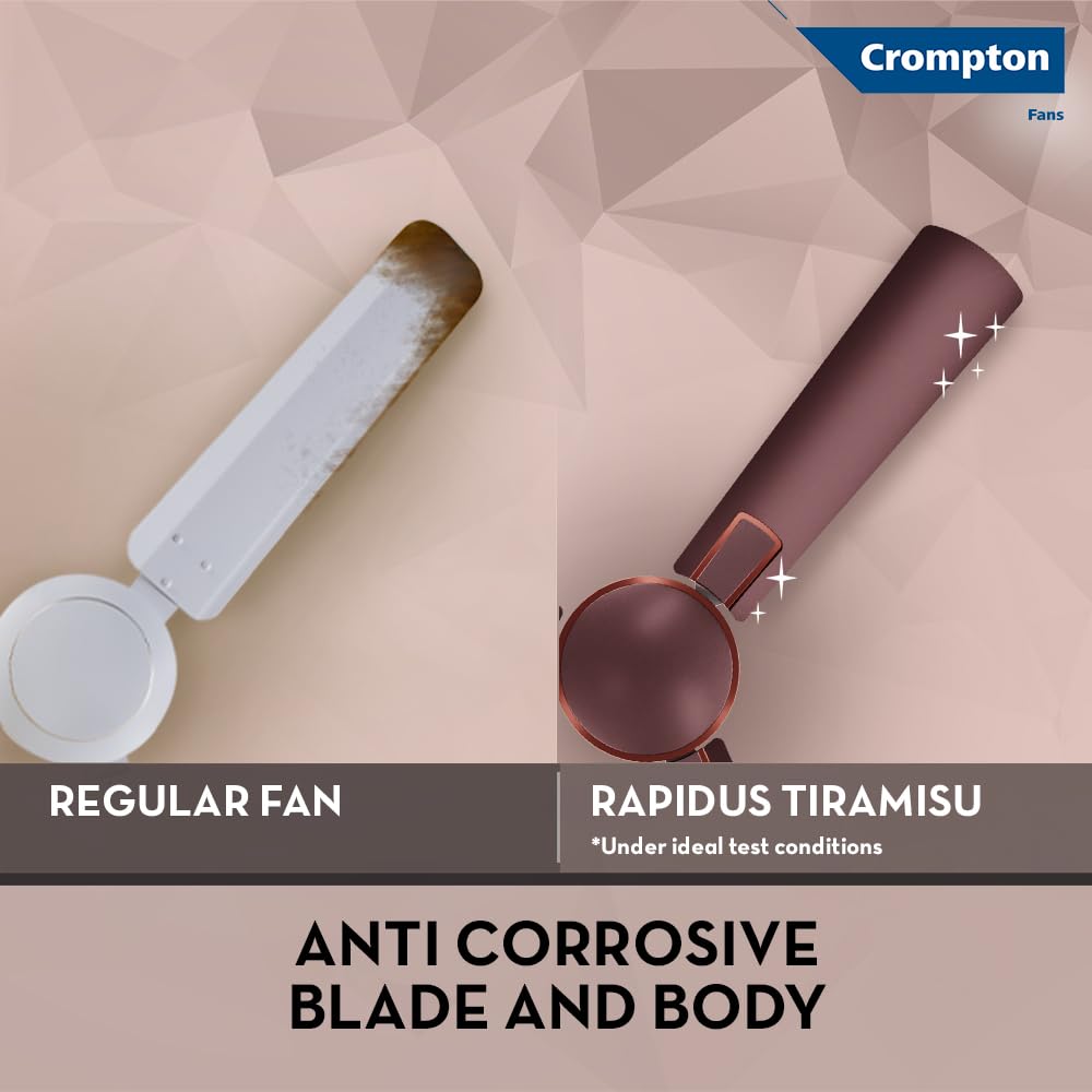 Promotional comparison graphic for Crompton fans showing a white regular fan with a dirty blade and a bronze Rapidus Tiramisu anti-corrosive fan with a clean, sparkly body and blade, on a geometric beige background.