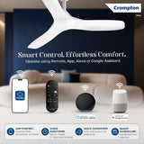 Crompton smart ceiling fan shown in a modern living room setting, with promotional text and icons for remote control, app control, Alexa integration, Google Assistant integration, and smart scheduling.
