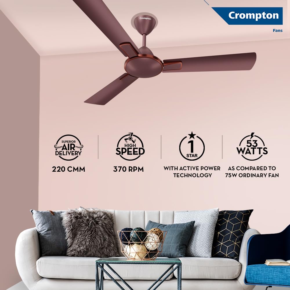 A Crompton ceiling fan in a bronze finish installed in a room with a light pink wall, a white sofa with decorative pillows, and a glass coffee table. The image includes feature callouts for air delivery, speed, star rating, and wattage, along with a Crompton Fans logo in the top right.