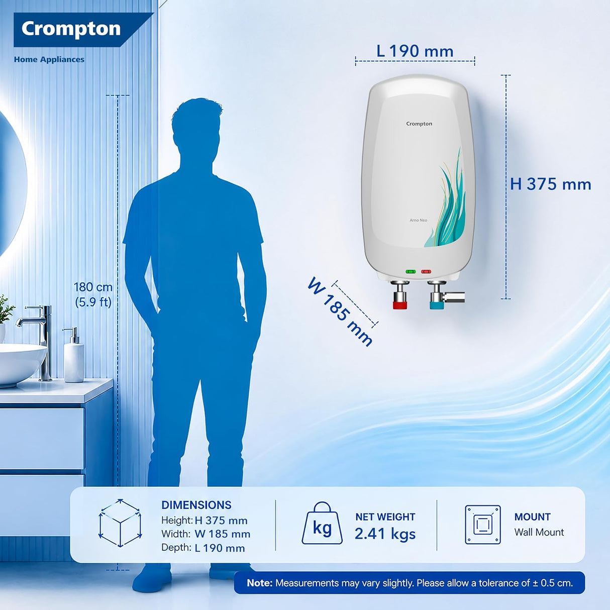 This crompton size has 190mmx375mmx185mm