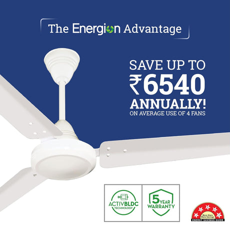 This ceiling fan saves upto 6540Rs annually on average use of 4 fans and has activ bldc technology and has 5 year warranty .  