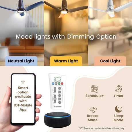 Thsis ceiling fan has 3 Mood Lights with Diming Options and has schedule feature , timer , breeze and Sleep mode also 