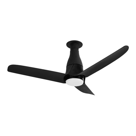 A matt black Crompton Silent Pro Blossom 1200mm 3 Blade Ceiling Fan with a modern design, featuring three sleek blades and a central motor unit with a ball bearing system.