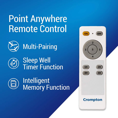 A crompton Ceiling fan pint anywhere remote control - Multi-pairing , sleep well timer function and Intelligent memory function 
