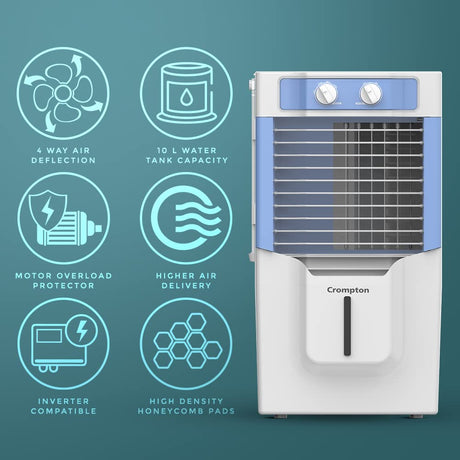 Crompton Cooler 10L with 4 way air deflection . 10L ater tank capacity , Motor Overliad protector , Higher Air delivery , Inverter Compatiable , High Density Honeycomb Pads 