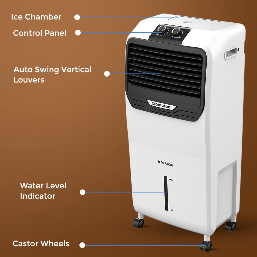 this cooler comes with ice chamber , Control panel , aauto swing Vertical Louvers , water level Indicator and Castor wheels 