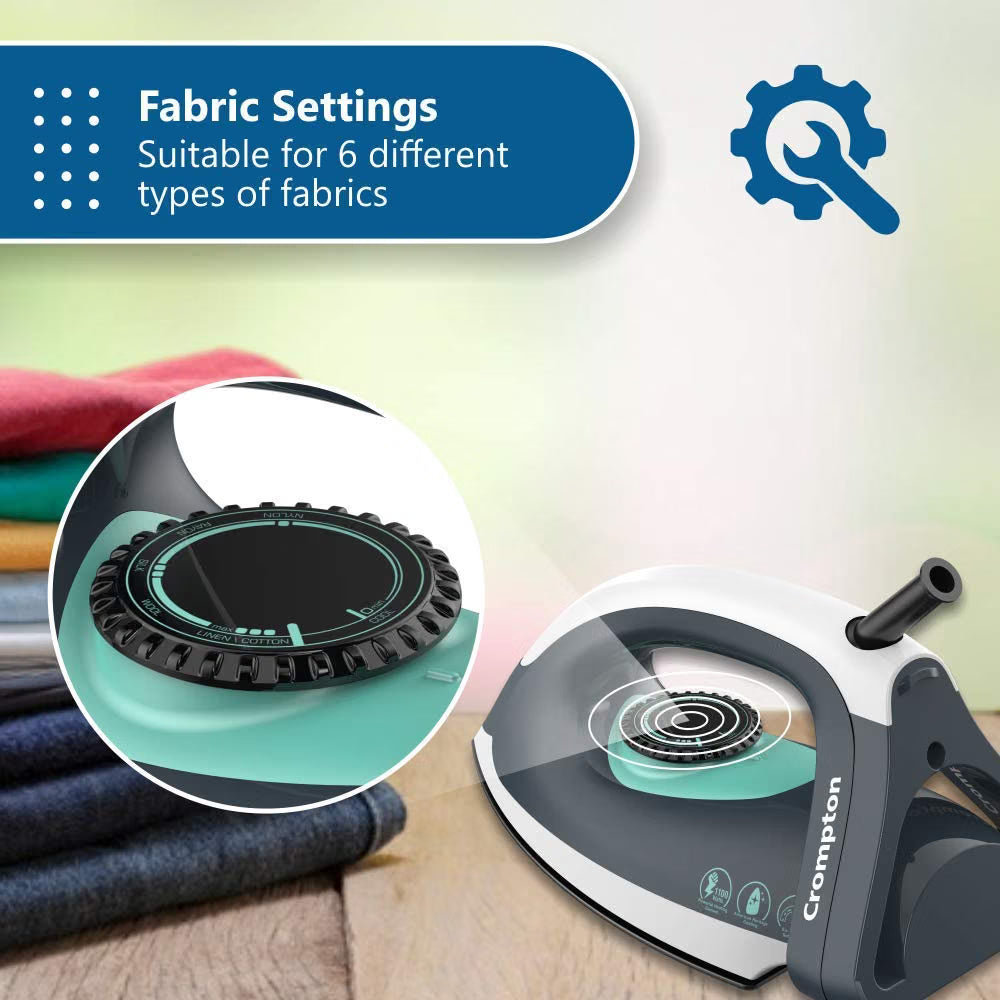This Dry iron has fabric settings suiatble for 6 different types of fabrics 