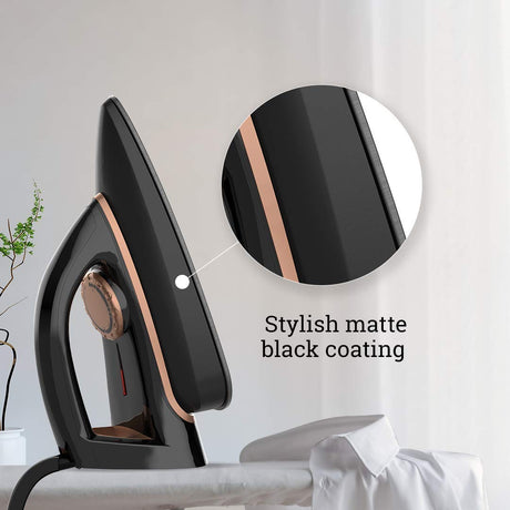 a dry iron has a stylish matte black coating 