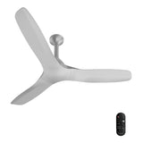 A modern three-blade ceiling fan in a matte white finish with a matching mounting bracket, shown alongside a small black remote control on a solid white background.