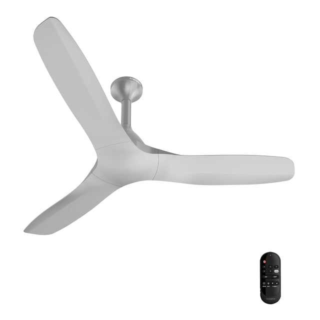 A modern three-blade ceiling fan in a matte white finish with a matching mounting bracket, shown alongside a small black remote control on a solid white background.