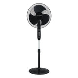 A Crompton Pedestal fan with White background and in black colour pedestal fans